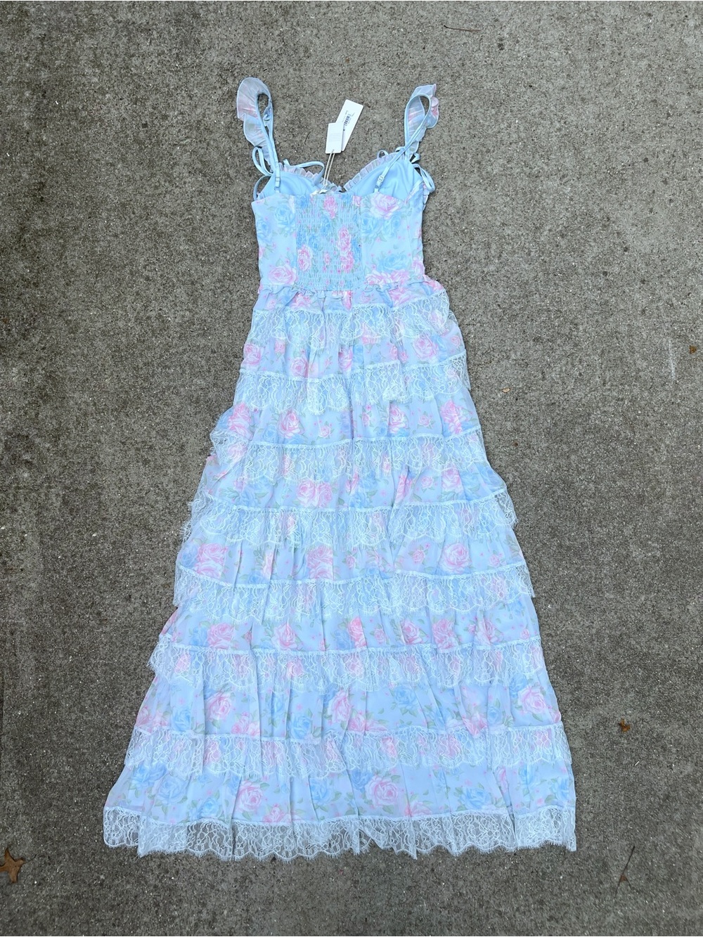 NWT Altar’d State Rhiannon Blue Pink Floral Lace Tiered Maxi Dress Small - Picture 6 of 9